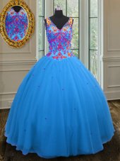Stylish Sequins Ball Gowns Quinceanera Dress Blue Straps Tulle Sleeveless Floor Length Zipper