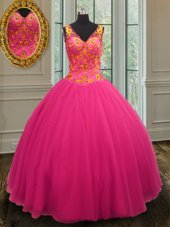 Affordable Hot Pink Zipper V-neck Beading Sweet 16 Quinceanera Dress Tulle Sleeveless
