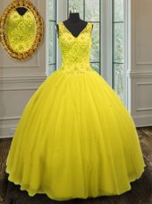 Yellow Sleeveless Tulle Zipper Vestidos de Quinceanera for Military Ball and Sweet 16 and Quinceanera