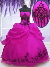 Elegant Fuchsia Ball Gowns Organza Strapless Sleeveless Embroidery and Pick Ups Floor Length Lace Up 15th Birthday Dress
