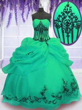 Stunning Green Sleeveless Floor Length Embroidery Lace Up Sweet 16 Dress