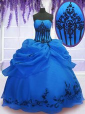 Vintage Blue Lace Up Strapless Embroidery Quinceanera Gown Organza Sleeveless