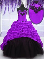 Admirable Sweetheart Sleeveless Sweet 16 Quinceanera Dress With Train Sweep Train Appliques and Pick Ups Purple Taffeta