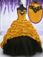 Best Selling Black and Gold Taffeta Lace Up Quinceanera Gowns Sleeveless Sweep Train Appliques and Pick Ups
