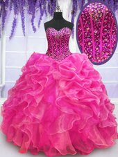 Dazzling Organza Sweetheart Sleeveless Lace Up Beading and Ruffles Sweet 16 Dress in Hot Pink