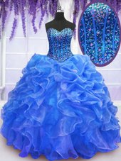 Affordable Blue Sleeveless Organza Lace Up Vestidos de Quinceanera for Military Ball and Sweet 16 and Quinceanera