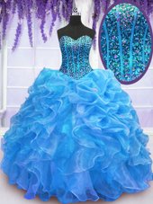 Discount Floor Length Lace Up Quince Ball Gowns Blue and In for Military Ball and Sweet 16 and Quinceanera with Beading and Ruffles
