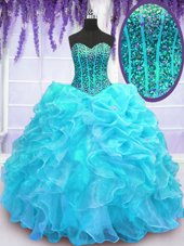 Custom Fit Pick Ups Aqua Blue Sleeveless Organza Lace Up Sweet 16 Quinceanera Dress for Military Ball and Sweet 16 and Quinceanera