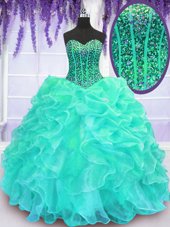 Spectacular Sleeveless Organza Floor Length Lace Up 15th Birthday Dress in Turquoise for with Beading and Ruffles
