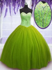 Fitting Olive Green Sweetheart Neckline Beading Quince Ball Gowns Sleeveless Lace Up