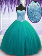 Most Popular Sleeveless Tulle Floor Length Lace Up Sweet 16 Dress in Turquoise for with Beading