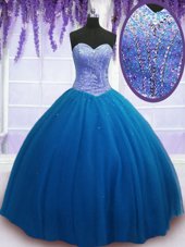 Floor Length Lace Up Sweet 16 Dresses Teal and In for Military Ball and Sweet 16 and Quinceanera with Beading