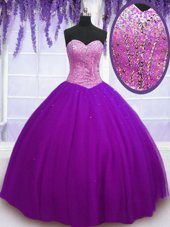 Fabulous Eggplant Purple Ball Gowns Beading Ball Gown Prom Dress Lace Up Tulle Sleeveless Floor Length
