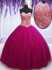 Gorgeous Hot Pink Ball Gowns Sweetheart Sleeveless Tulle Floor Length Lace Up Beading Quinceanera Gown