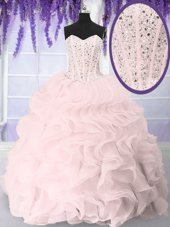 Great Sweetheart Sleeveless Sweet 16 Quinceanera Dress Floor Length Beading and Ruffles Pink Organza