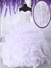 Graceful Beading and Ruffles Ball Gown Prom Dress White Lace Up Sleeveless Floor Length