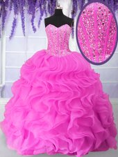 Glittering Fuchsia Organza Lace Up Quinceanera Dresses Sleeveless Floor Length Beading and Ruffles