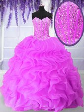 Custom Made Sweetheart Sleeveless Quinceanera Dresses Floor Length Ruffles and Sequins Hot Pink Organza