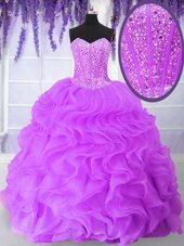 Beauteous Beading and Ruffles 15th Birthday Dress Lilac Lace Up Sleeveless Floor Length