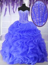 Fashion Blue Organza Lace Up Quinceanera Dresses Sleeveless Floor Length Beading and Ruffles