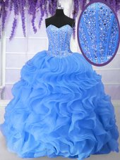 Extravagant Sleeveless Organza Floor Length Lace Up Sweet 16 Dresses in Blue for with Ruffles and Sequins