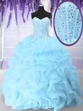 Sophisticated Blue Ball Gowns Beading and Ruffles Ball Gown Prom Dress Lace Up Organza Sleeveless Floor Length