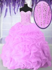 Custom Design Lilac Organza Lace Up Sweetheart Sleeveless Floor Length Sweet 16 Dresses Beading and Ruffles