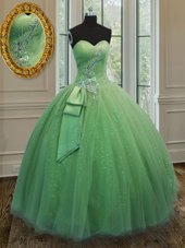 Trendy Sweetheart Sleeveless Quinceanera Dresses Floor Length Beading and Ruching and Bowknot Yellow Green Tulle