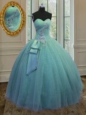 Delicate Sweetheart Sleeveless Tulle Ball Gown Prom Dress Beading and Ruching and Bowknot Lace Up