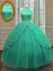 Stylish Turquoise Tulle Lace Up 15th Birthday Dress Sleeveless Floor Length Beading and Appliques