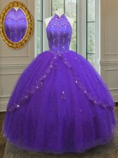 Hot Selling High-neck Sleeveless Lace Up Sweet 16 Dresses Purple Tulle