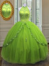 Adorable Yellow Green High-neck Neckline Beading and Appliques Quinceanera Gown Sleeveless Lace Up