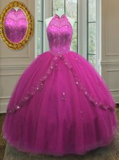 Exquisite Floor Length Fuchsia Sweet 16 Quinceanera Dress Tulle Sleeveless Beading and Appliques