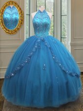 Custom Design Floor Length Ball Gowns Sleeveless Blue Ball Gown Prom Dress Lace Up