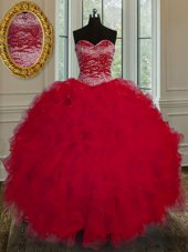 Extravagant Ball Gowns Quinceanera Gowns Red Sweetheart Tulle Sleeveless Floor Length Lace Up