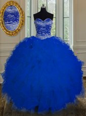 Fine Beading and Ruffles Sweet 16 Dress Royal Blue Lace Up Sleeveless Floor Length