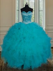 Spectacular Floor Length Lace Up Sweet 16 Dresses Teal and In for Military Ball and Sweet 16 and Quinceanera with Beading and Ruffles