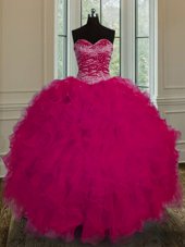 Affordable Fuchsia Sleeveless Floor Length Beading and Ruffles Lace Up Quinceanera Gowns