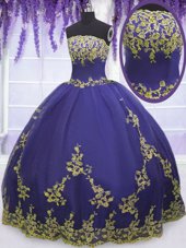 Fancy Floor Length Purple Quince Ball Gowns Strapless Sleeveless Zipper