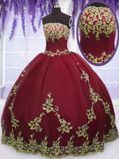 Perfect Red Zipper Strapless Appliques Quinceanera Gown Tulle Sleeveless