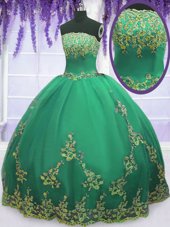 Modern Turquoise 15 Quinceanera Dress Military Ball and Sweet 16 and Quinceanera and For with Appliques Strapless Sleeveless Zipper