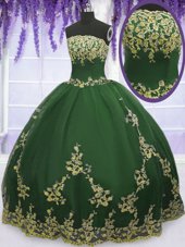 Dark Green Sleeveless Floor Length Appliques Zipper 15th Birthday Dress