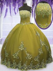 Comfortable Floor Length Olive Green Quinceanera Dresses Tulle Sleeveless Appliques
