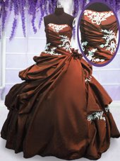 Cute Sleeveless Taffeta Floor Length Lace Up Quinceanera Gowns in Brown for with Appliques and Pick Ups