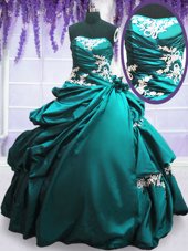 Glorious Strapless Sleeveless Quinceanera Gowns Floor Length Appliques and Pick Ups Teal Taffeta