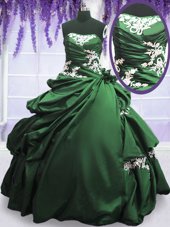Hot Selling Strapless Sleeveless Taffeta Ball Gown Prom Dress Appliques and Pick Ups Lace Up
