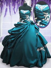Teal Taffeta Lace Up Quinceanera Gowns Sleeveless Floor Length Appliques and Pick Ups