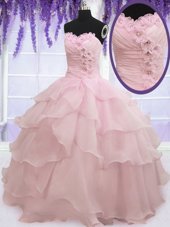 Dazzling Sleeveless Floor Length Ruffled Layers Lace Up Quinceanera Gown with Baby Pink