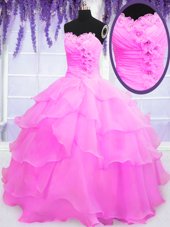 Elegant Ruffled Sweetheart Sleeveless Lace Up 15 Quinceanera Dress Hot Pink Organza