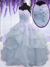 Exceptional Light Blue Lace Up Ball Gown Prom Dress Ruffled Layers and Ruching and Hand Made Flower Sleeveless Floor Length